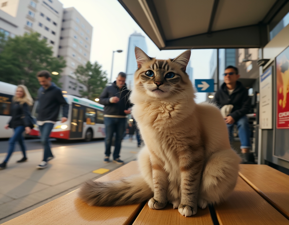 Cat observes the activity of a city bus stop, soaking in the energy of urban life.